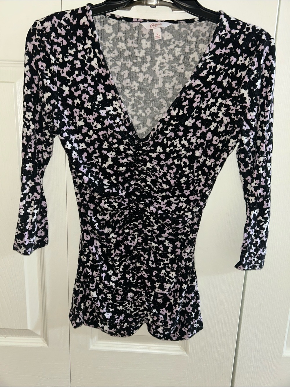 Candie's Black and Light Purple Floral V-Neck Top